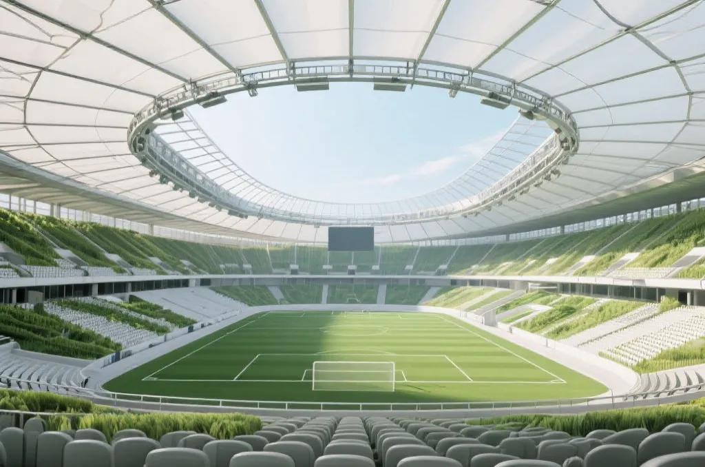An interior view of a futuristic eco-friendly sports stadium with a retractable roof and green pitch